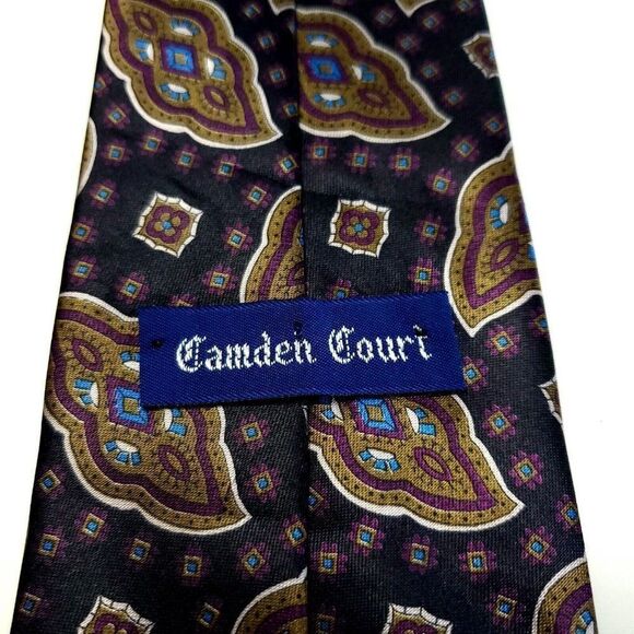 Camden Court Purple Gray Tan Metallic Short Print Polyester Tie - Picture 3 of 6